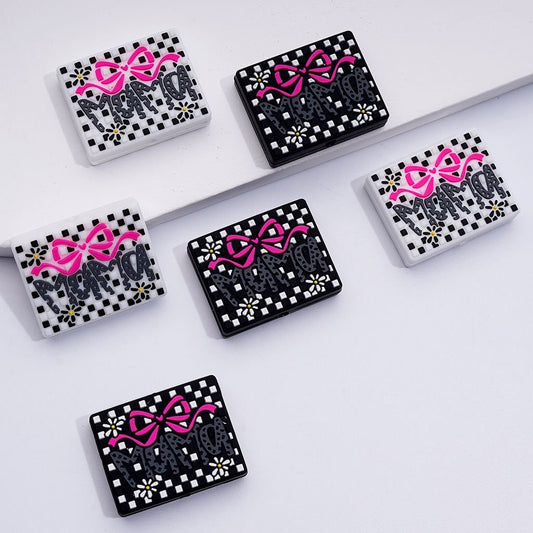 Mama Red Bowknot Mini Cute Flower Black-White Checkered Rectangle Silicone Focal Beads