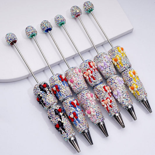 Beadable Clay Pens with Cute Ribbon Bowknots AB Rhinestones Covered the Entire Pen,Random Mix