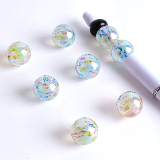 UV Coating Clear Acrylic Beads with Small Flowers with Leaves Prints, Random Mix, 16MM
