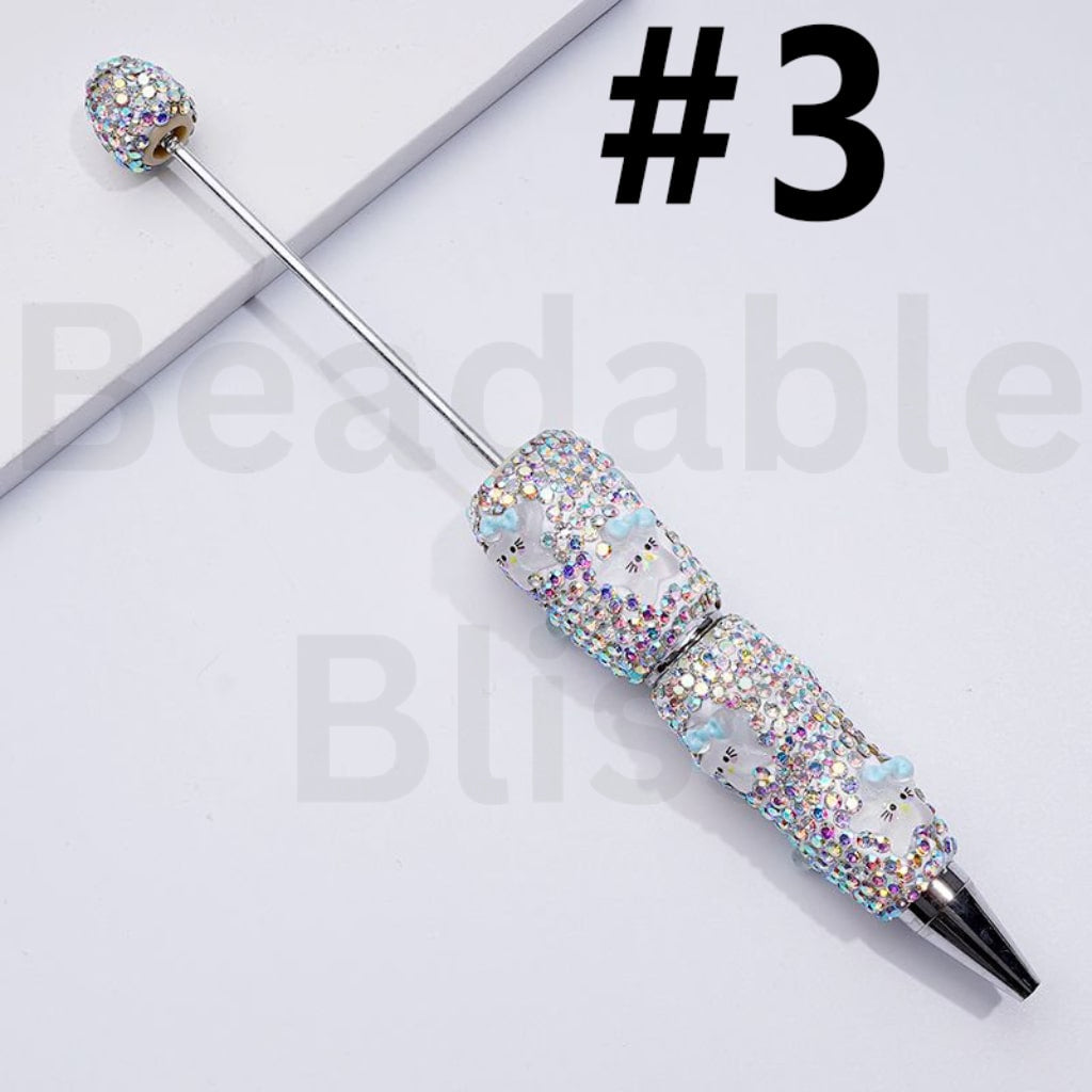 Beadable Clay Pens with Cute HK Kitten with Bows Mini AB Rhinestones Covered the Entire Pen