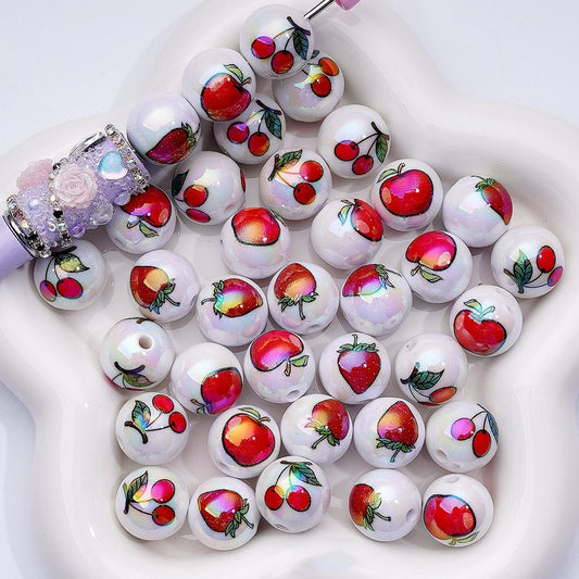 UV Coating Red Apples Strawberries Cherries Round Acrylic Beads, 16MM, Random Mix