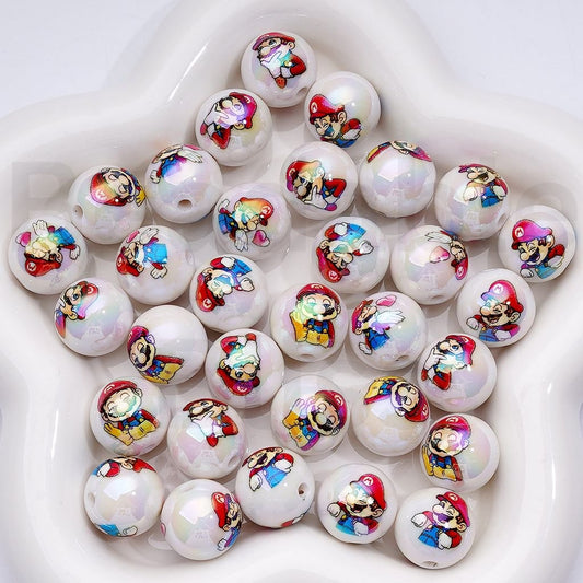 UV Coating Supe Mari Series White Round Acrylic Beads, 16MM, Random Mix