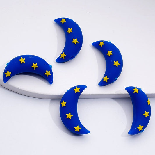 3D Blue Crescent Moon with Mini Yellow Stars Silicone Focal Beads