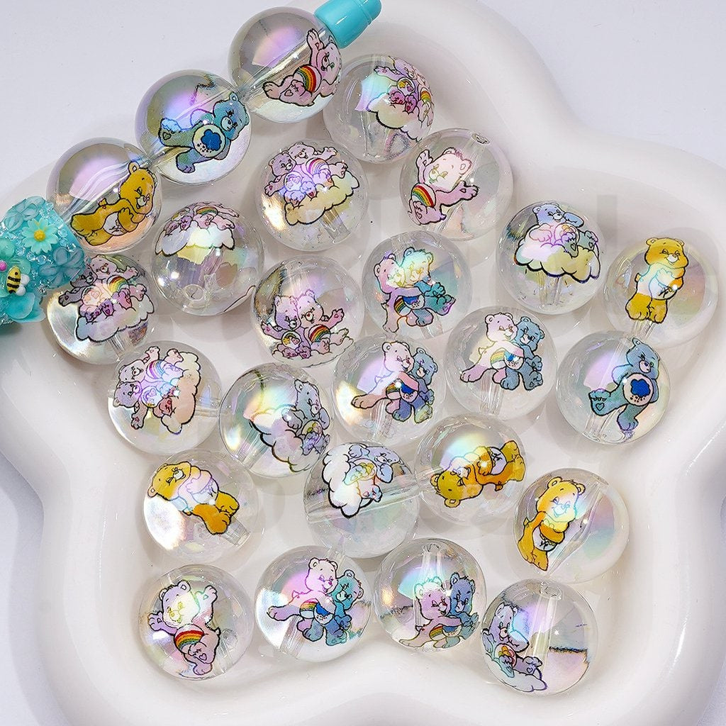 Large UV Coating Cute Care Bea Clear Round Acrylic Beads, 20MM, Random Mix