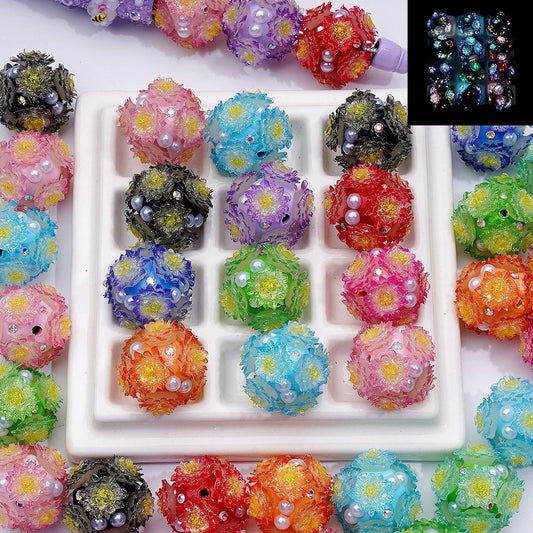 Luminous Multi-Color Glitter Flowers AB Rhinestones White Pearls Round Clay Beads, 22MM, Random Mix