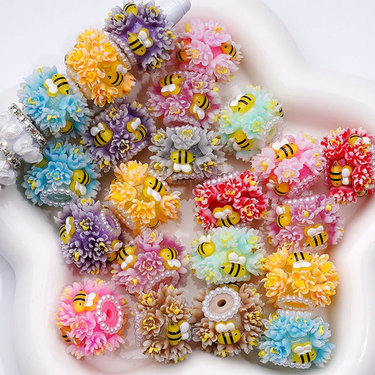 Mini Cute Flowers Yellow Bees White Pearls Rings Acrylic Beads, Around 25*17MM, Random Mix