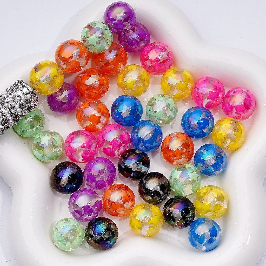 Multi-Color Cute Resin Star Inside Clear Round Acrylic Beads, 16MM, Random Mix