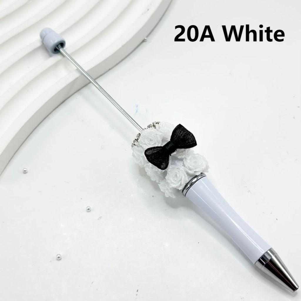 White Beadable Pen with Luminous Small Flowers Clear Rhinestone Chain Black Bowknot