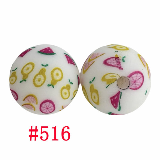 Pear Grapefruit Watermelon Fruits Printed Silicone Beads, 15mm, Number 516