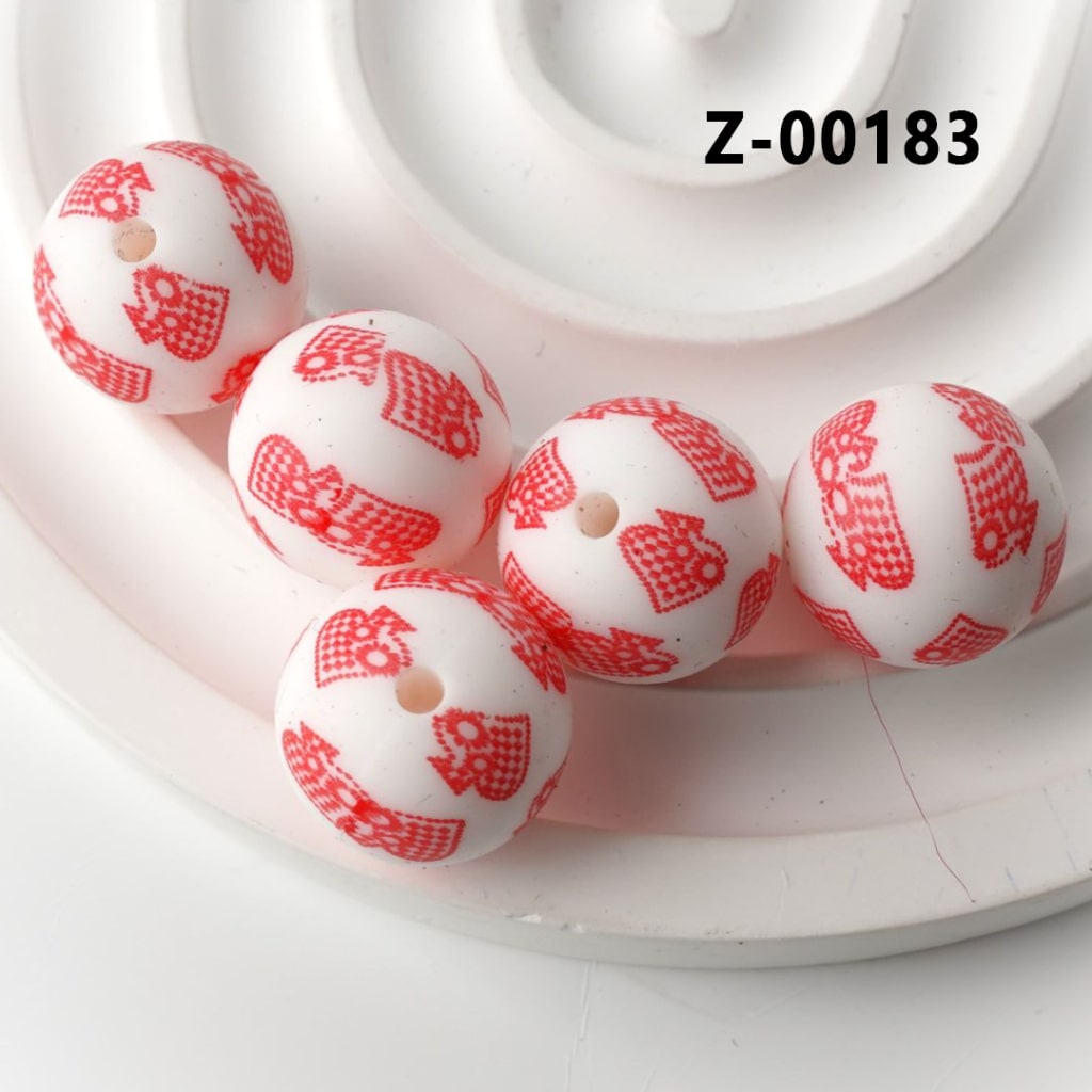 Ace of Hearts White Round Printed Silicone Beads 15mm, Number Z-00183