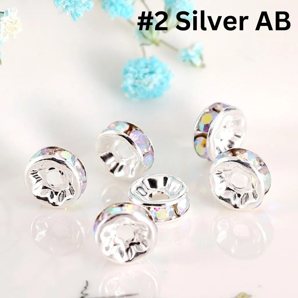 Straight Flat Round Metal Spacers with Rhinestones in Solid Colors, 10mm