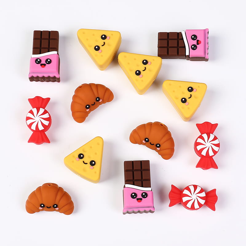 3D Yummy Dessert Food Series Silicone Focal Beads, Croissant Cheese Chocolate Candy