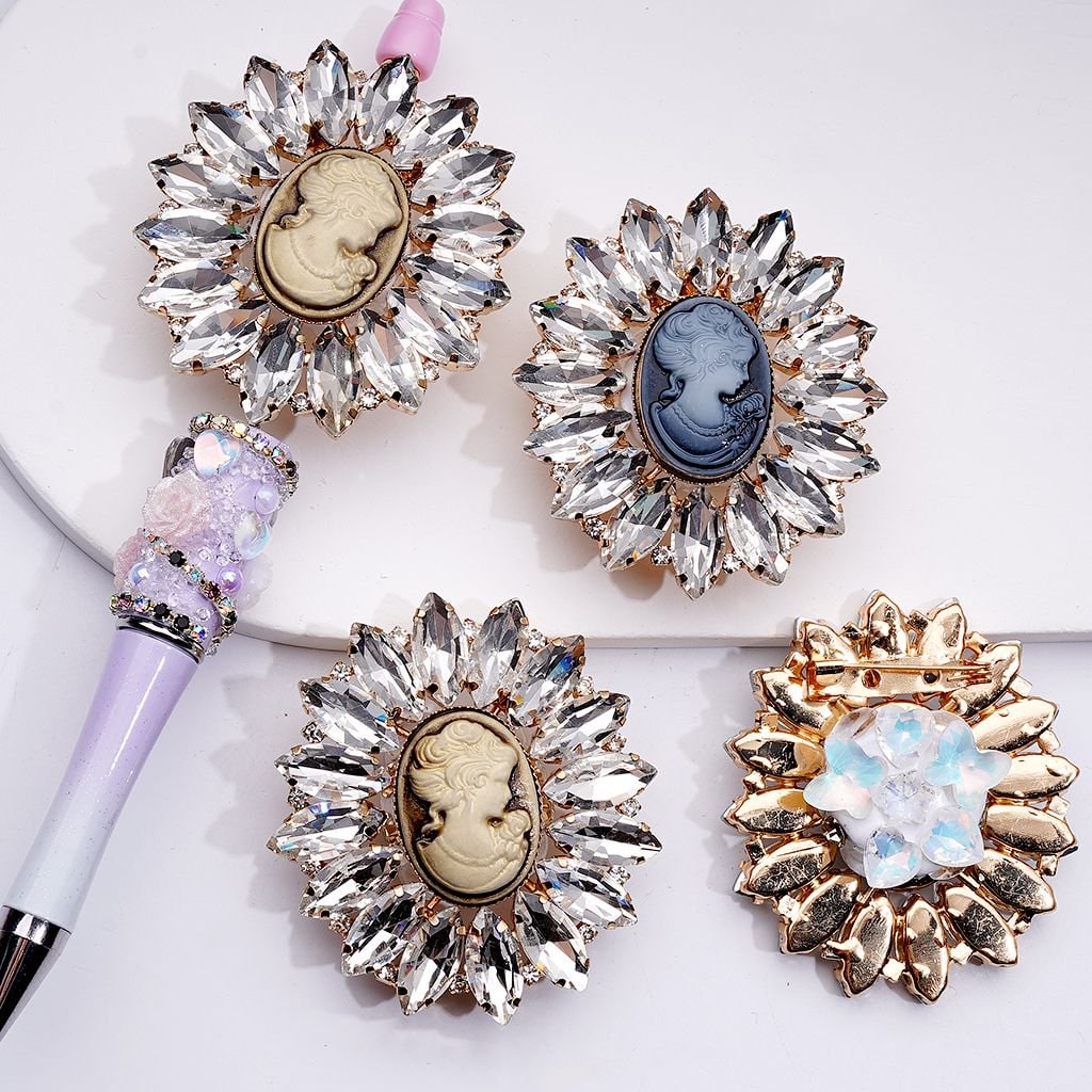 Fancy Gold Alloy Vintage Brooch with Ring Baroque Girl Portrait Clear Shiny Rhinestones Cute Butterflies Hearts Snowflakes Clay Beads, 48*53MM