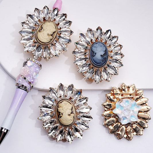 Fancy Gold Alloy Vintage Brooch with Ring Baroque Girl Portrait Clear Shiny Rhinestones Cute Butterflies Hearts Snowflakes Clay Beads, 48*53MM