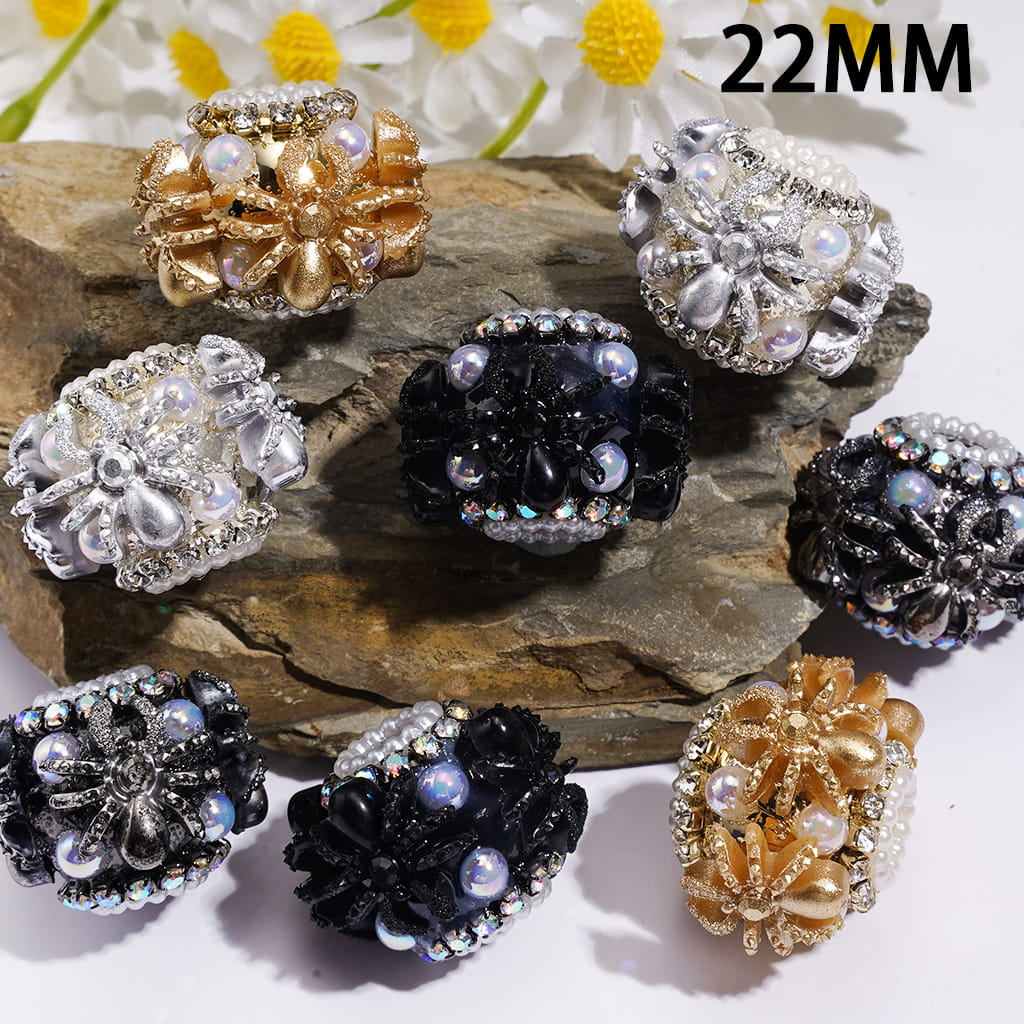 Hand-Made Acrylic Beads with Spider Charm, White Half-Pearls and AB Rhinestone Chain, 22MM