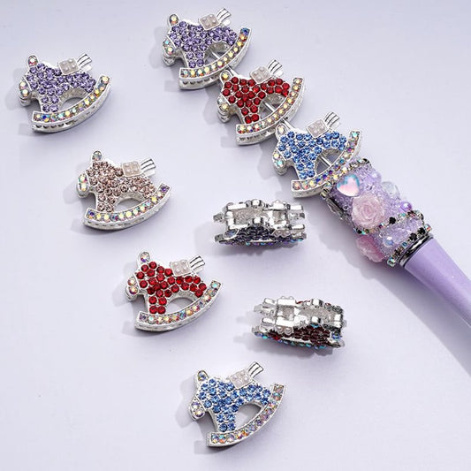 Bling Bling Vivid Silver Alloy Wooden Hobby Horse with AB & Colorful Rhinestones White Pearls  Beads, Around 25*22MM, Random Mix