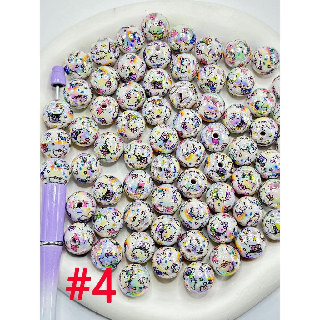 White UV Coating Acrylic Beads with Kuro , Kitt ,   Prints , cinnamon ,Random Mix, 16MM