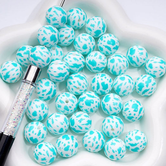 Teal Color Art Abstract Spots Printed Silicone Beads 15MM, Number Z-00218
