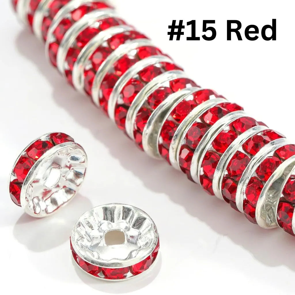Straight Flat Round Metal Spacers with Rhinestones in Solid Colors, 10mm