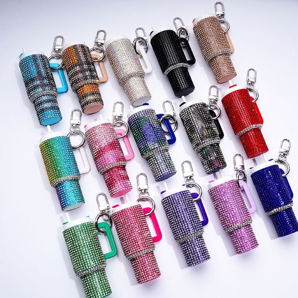 Bling Bling Colorful Rhinestones Mini Tumbler Chapstick Holder, Stanley Keychain Chapstick Holder, Size 10*5*3cm