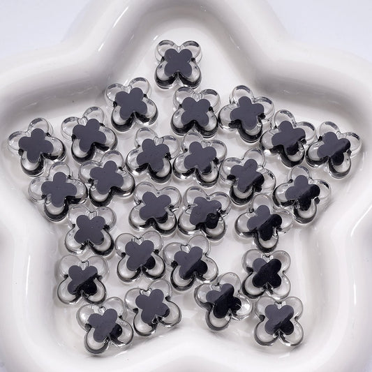 Cute Double-Color Clear-Black Four Leaf Clover Flower Butterfly Acrylic Beads, Around 16MM
