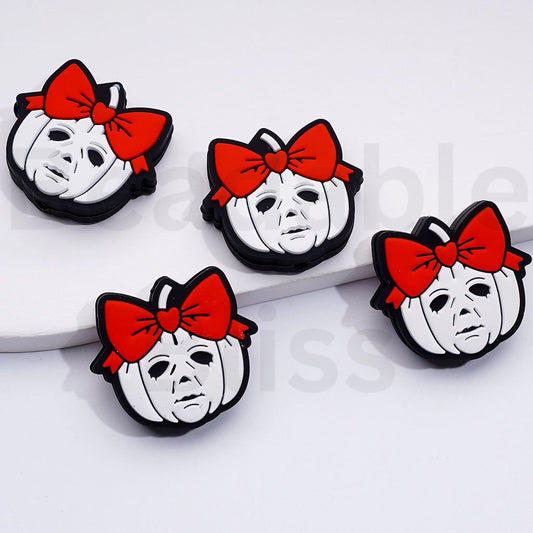 White Pumpkin with Horror Michae Face Red Bowknot Halloween Silicone Focal Beads