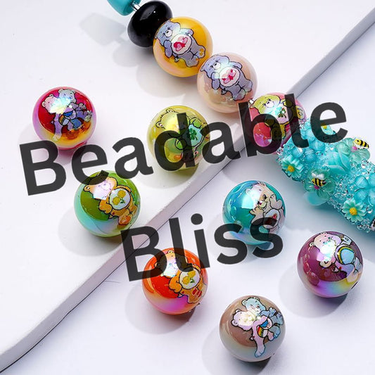 UV Coating Cute Care Bea Colorful Round Acrylic Beads, 16MM, Random Mix