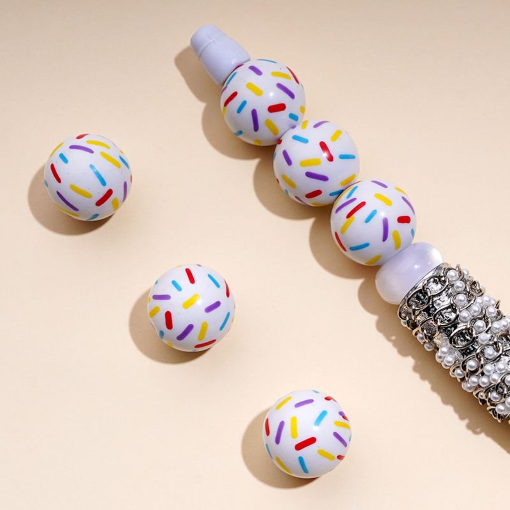 Colorful Stripes White Round Acrylic Beads, 16MM