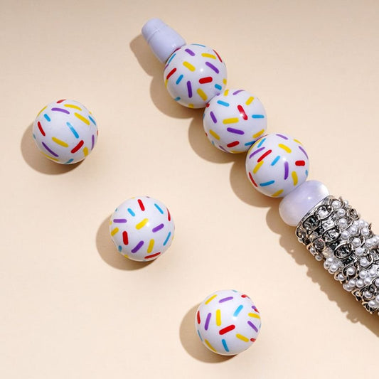 Colorful Stripes White Round Acrylic Beads, 16MM