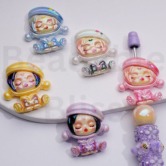 UV Coating Cute Dream Angel Girl with Cool Hat Acrylic Beads, 34*30MM, Random Mix