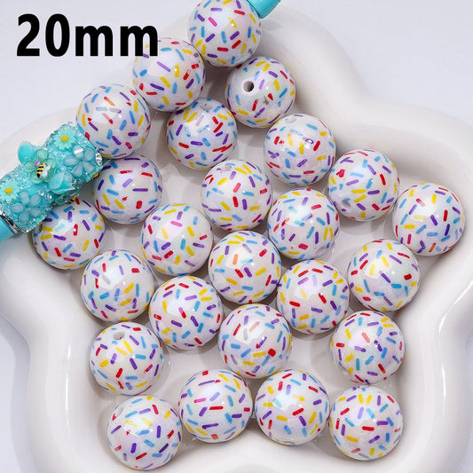 UV Coating Colorful Sprinkles Prints White Round Acrylic Beads, 20MM