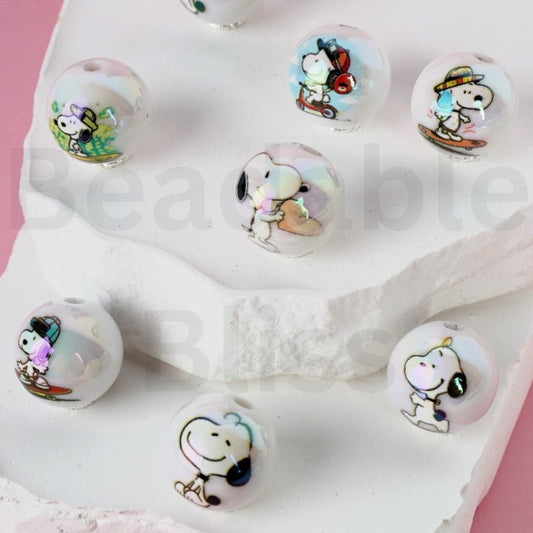 UV Finish Cute Puppy Snoop White Round Acrylic Beads, 16MM, Random Mix