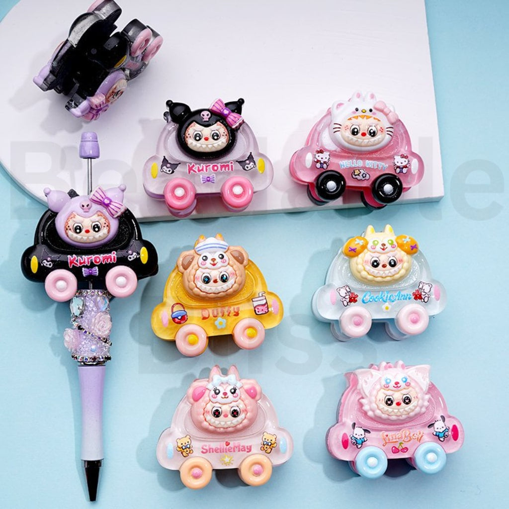 Large Cute Car Kurom Duff CookieAn ShellieMa with Labub Face with Shiny Rhinestones Oval Pearls Round Clay Beads, Around 53*47MM, Random Mix