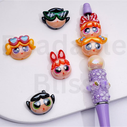 UV Coating Cute Powerpuf Girls Acrylic Beads, Random Mix