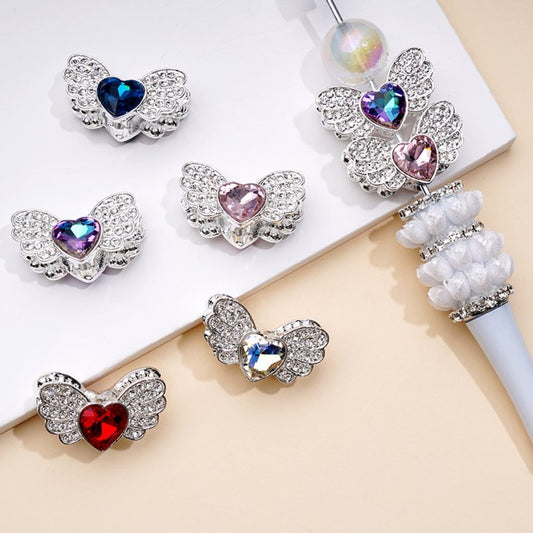 Bling Bling Fancy Silver Alloy Heart Angel Wings with Clear Multi-Color Rhinestones Beads, Around 29*17MM