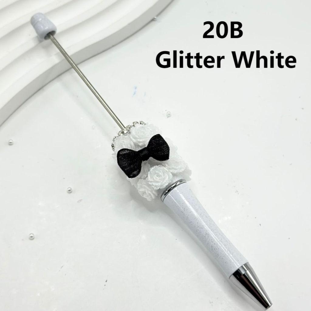 White Beadable Pen with Luminous Small Flowers Clear Rhinestone Chain Black Bowknot