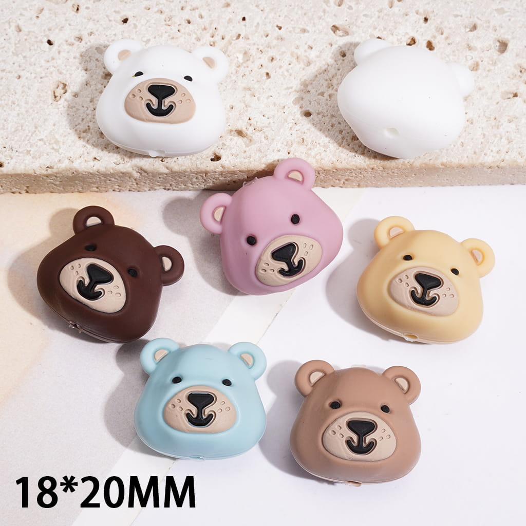 Silicone Focal Beads 3D Smiling Bear Face Head in Various Colors