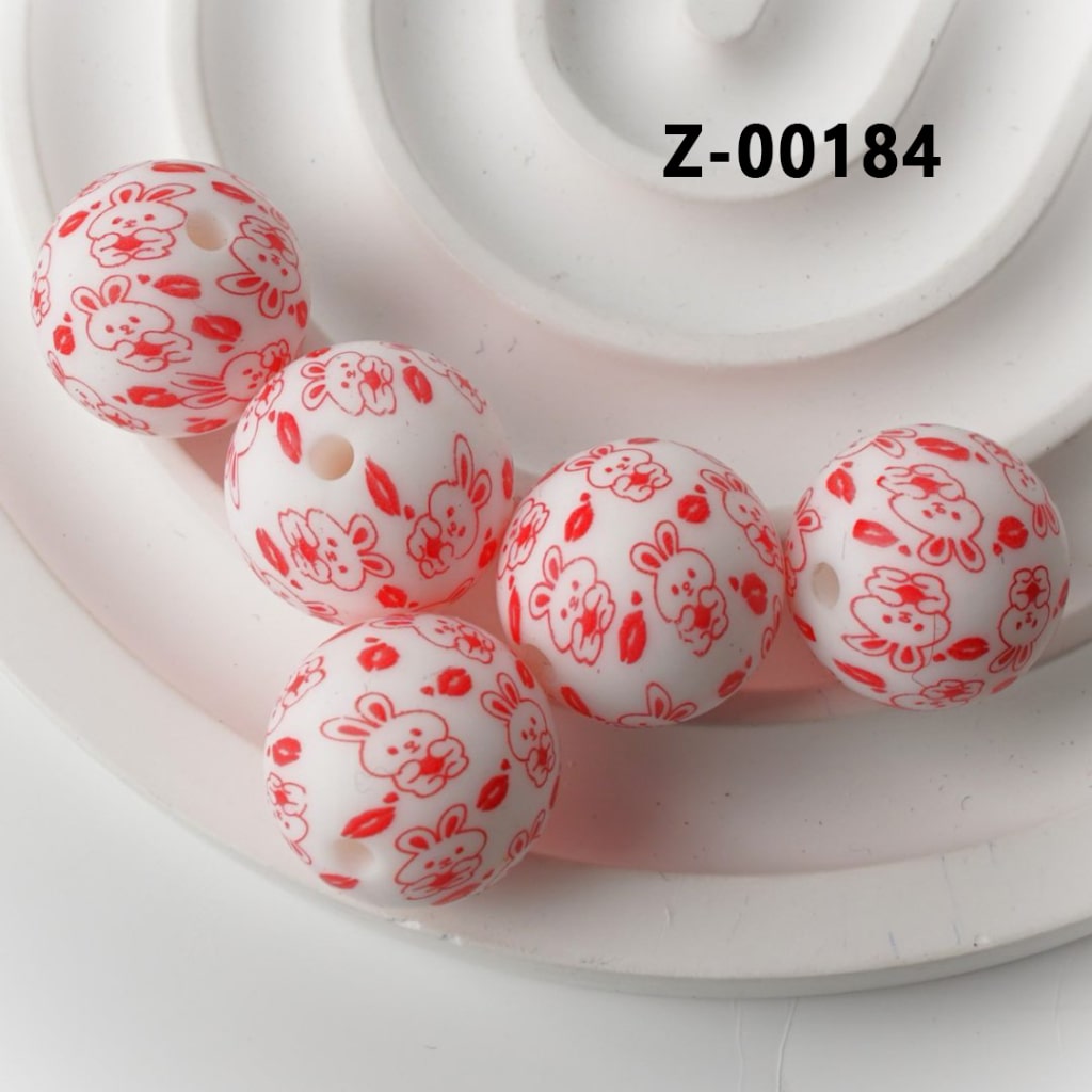 Red Cute Bunny Rabbit Mouth White Round Printed Silicone Beads 15mm, Number Z-00184