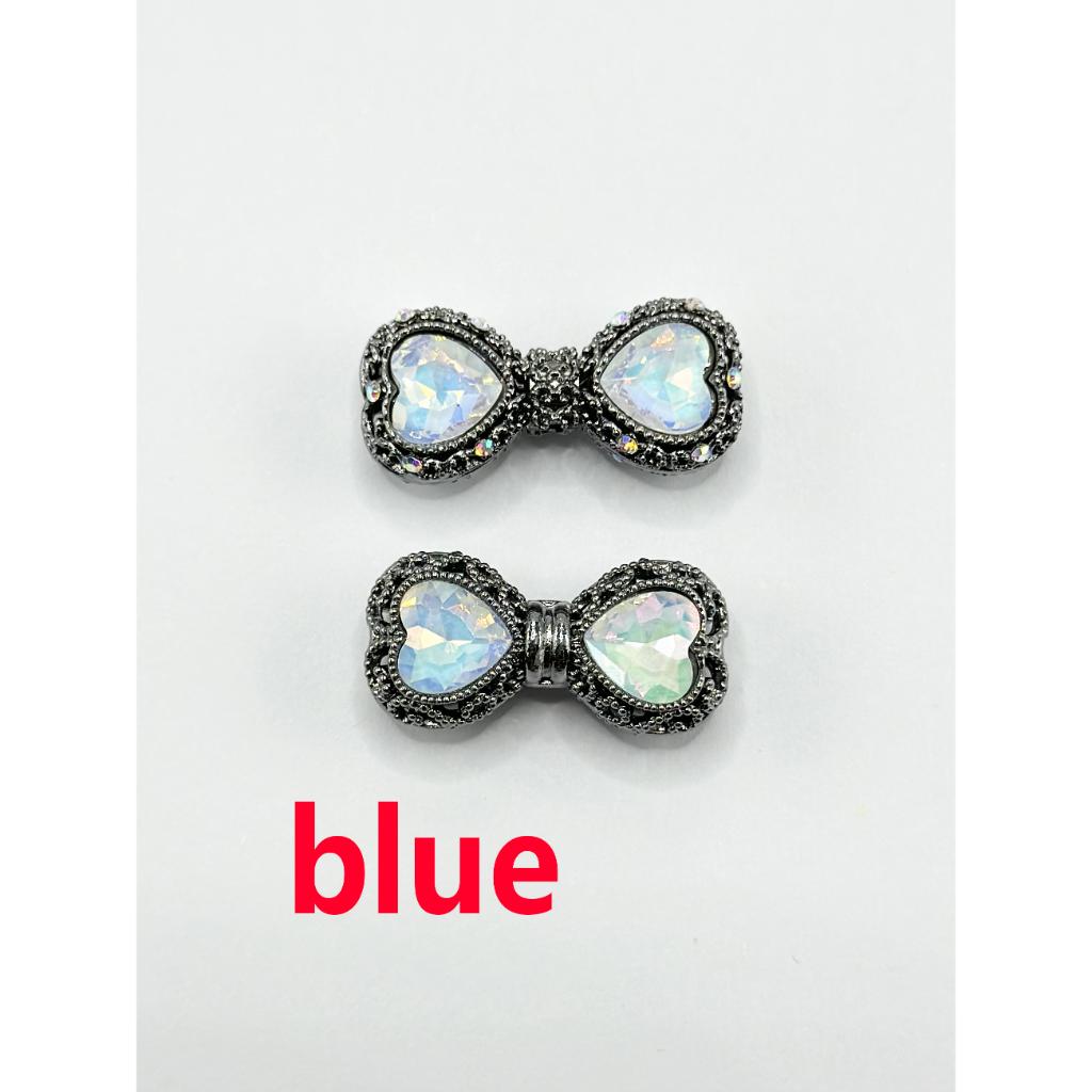 Gun Black Bowknot Shape Hollow Alloy Acrylic Beads with Heart Rhinestones, 34MM by 17MM