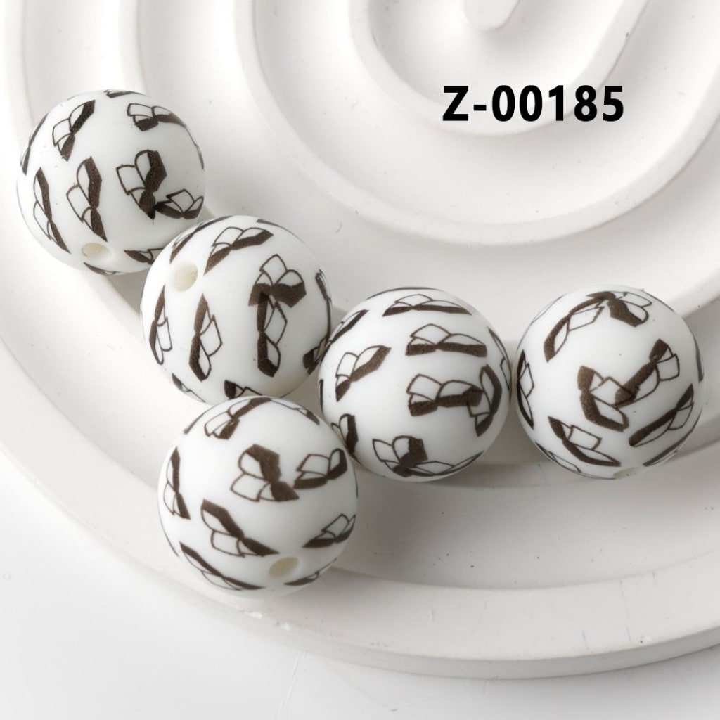 Books Design White Round Printed Silicone Beads 15mm, Number Z-00185