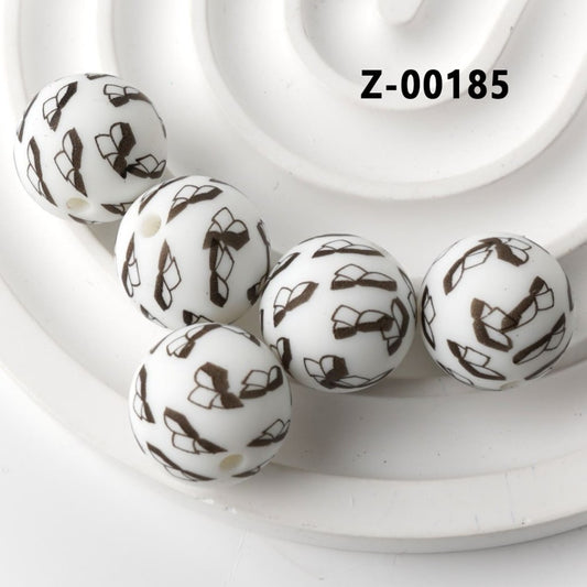 Books Design White Round Printed Silicone Beads 15mm, Number Z-00185
