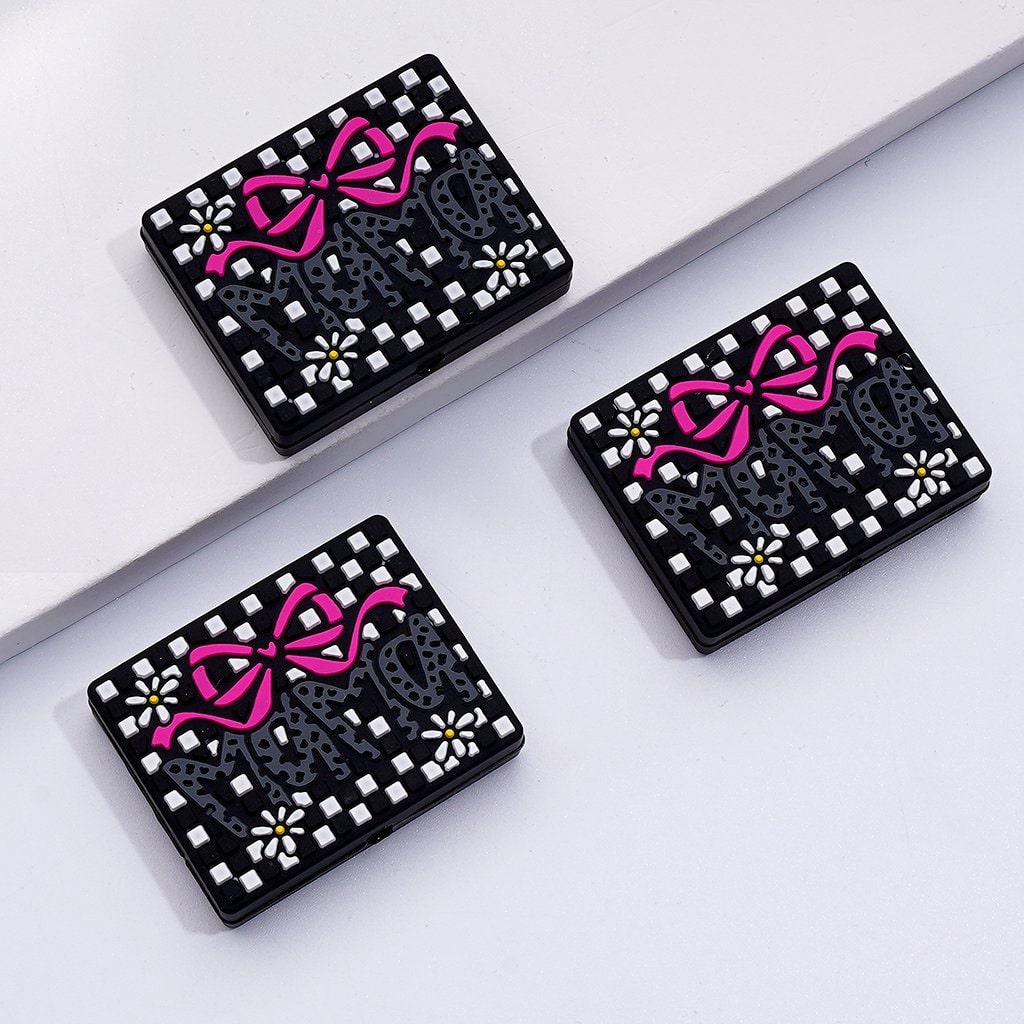 Mama Red Bowknot Mini Cute Flower Black-White Checkered Rectangle Silicone Focal Beads