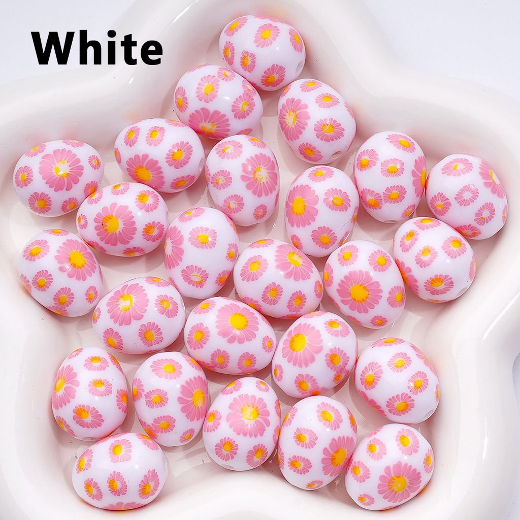 Mini Cute Multi-Color Daisy Flowers Prints Oval Egg Shape Acrylic Beads, Around 20*16MM