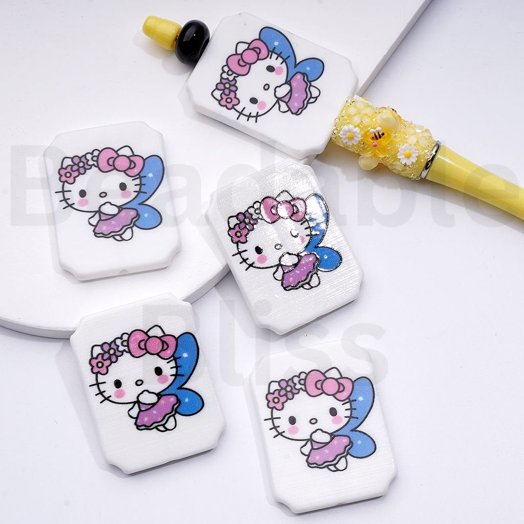 Cute HK Kitten with Blue Wings Ice Cream Drives a Car Unicorn Balloons Sanri Rectangle Flat Acrylic Beads, Around 45*35MM