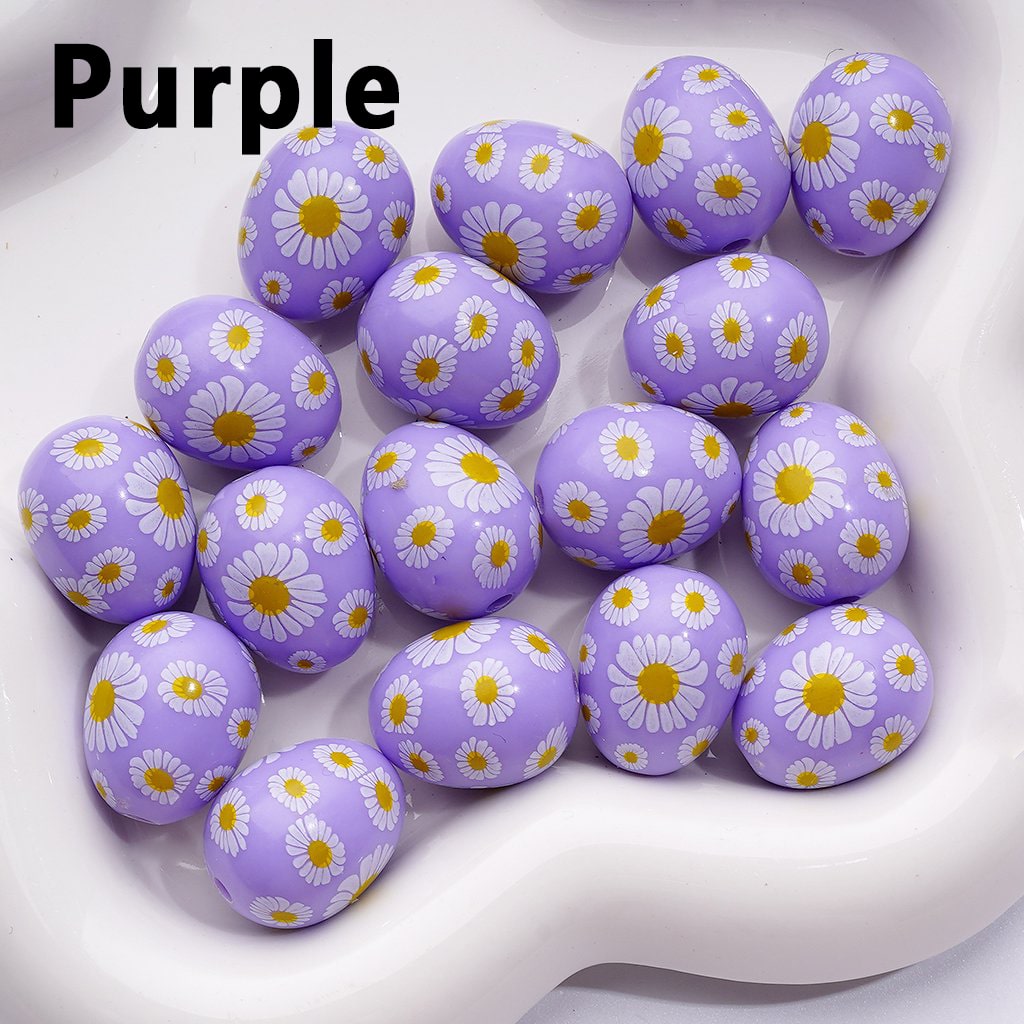 Mini Cute Multi-Color Daisy Flowers Prints Oval Egg Shape Acrylic Beads, Around 20*16MM