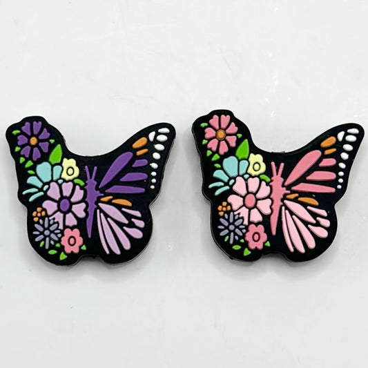 Colorful Butterfly with Small Flowers Silicone Focal Beads, Multi-Color