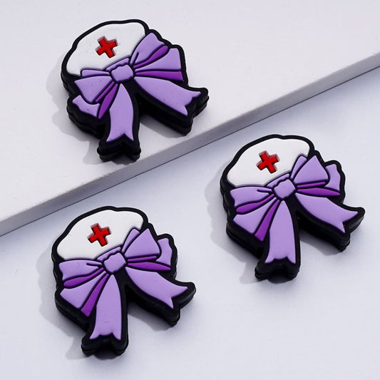 White Nurse Hat with Purple Teal Bowknot Silicone Focal Beads