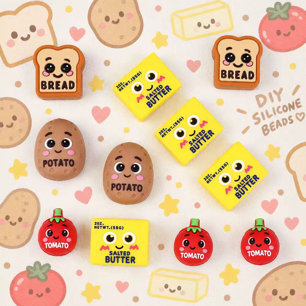 3D Cute Food Theme Silicone Focal Beads, Salted Butter and Tomato and Bread and Potato