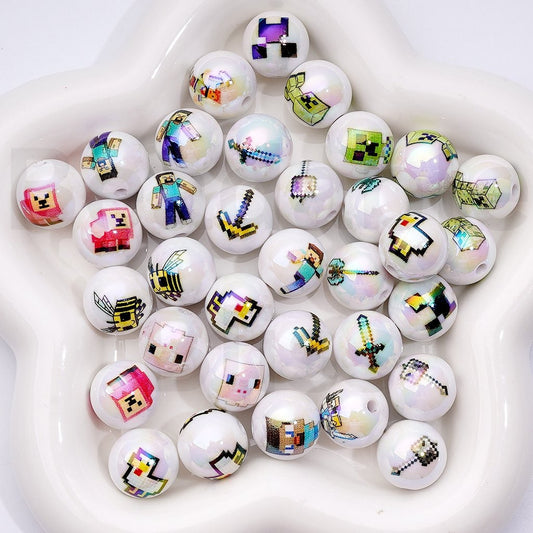 UV Coating Minecraf Series White Round Acrylic Beads, 16MM, Random Mix