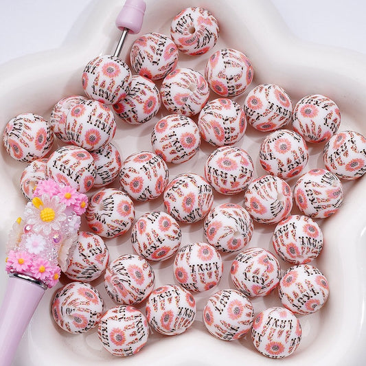 Pink Flowers Love Printed Silicone Beads 15MM, Number Z-00217